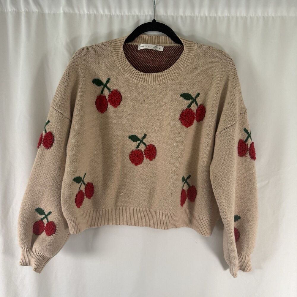 Altar'd State Cherry Sweater Women's XL Tan Cherry Print Cropped Long Sleeve